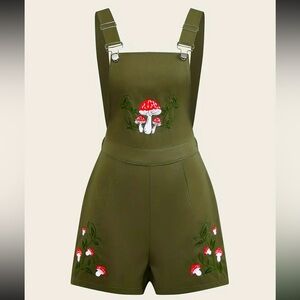 Green Mushroom Embroidered Romper Overalls New Boutique